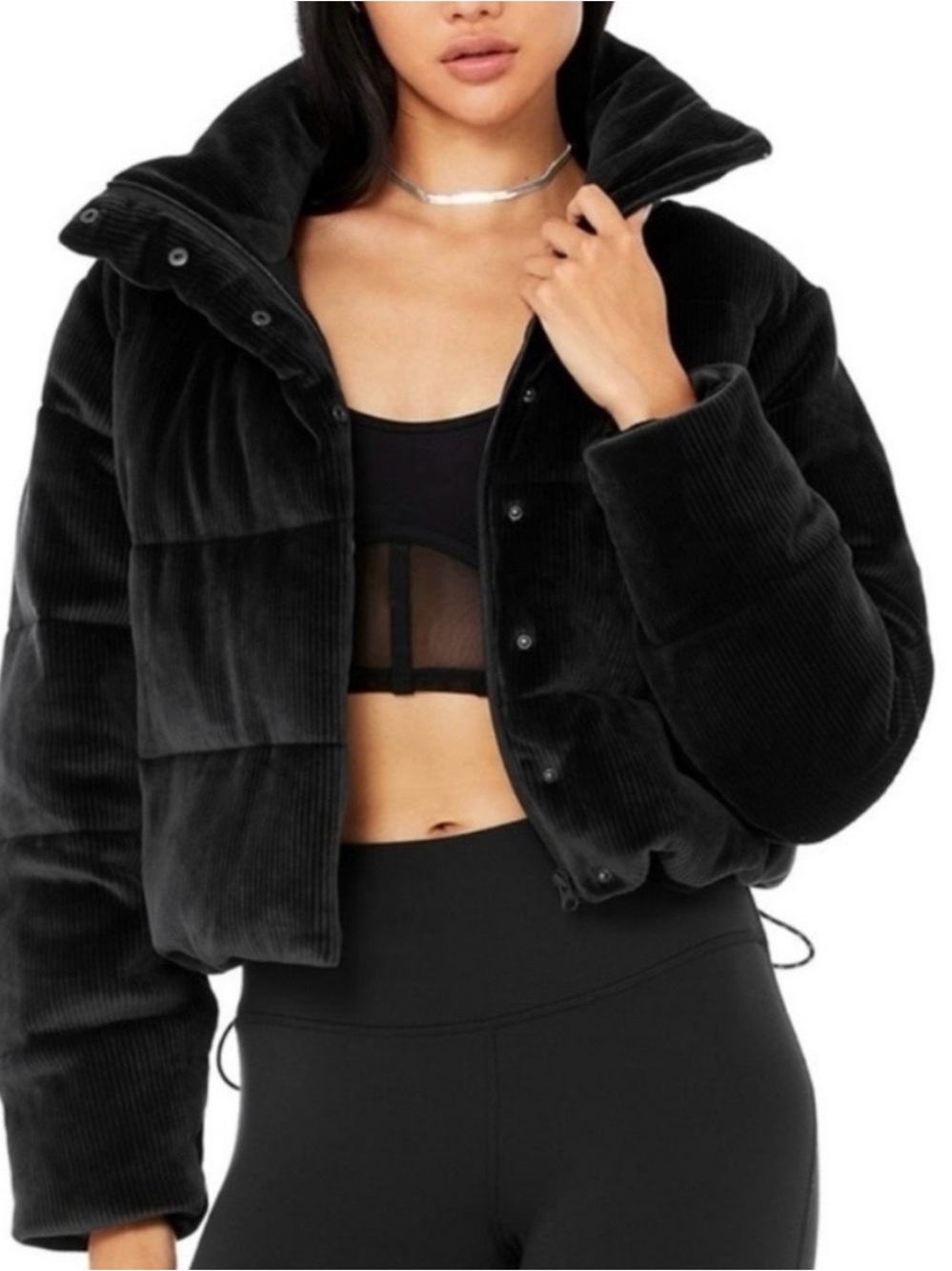 ALO Yoga Gold Rush Black Corduroy Cropped Puffer Jacket